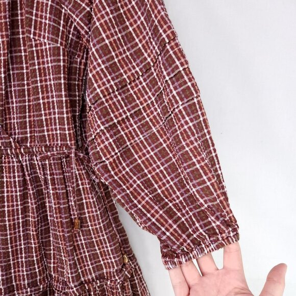 Madewell Seersucker Faux Wrap Mini Dress Size XXS Oversized Red Plaid Tiered - Picture 7 of 12